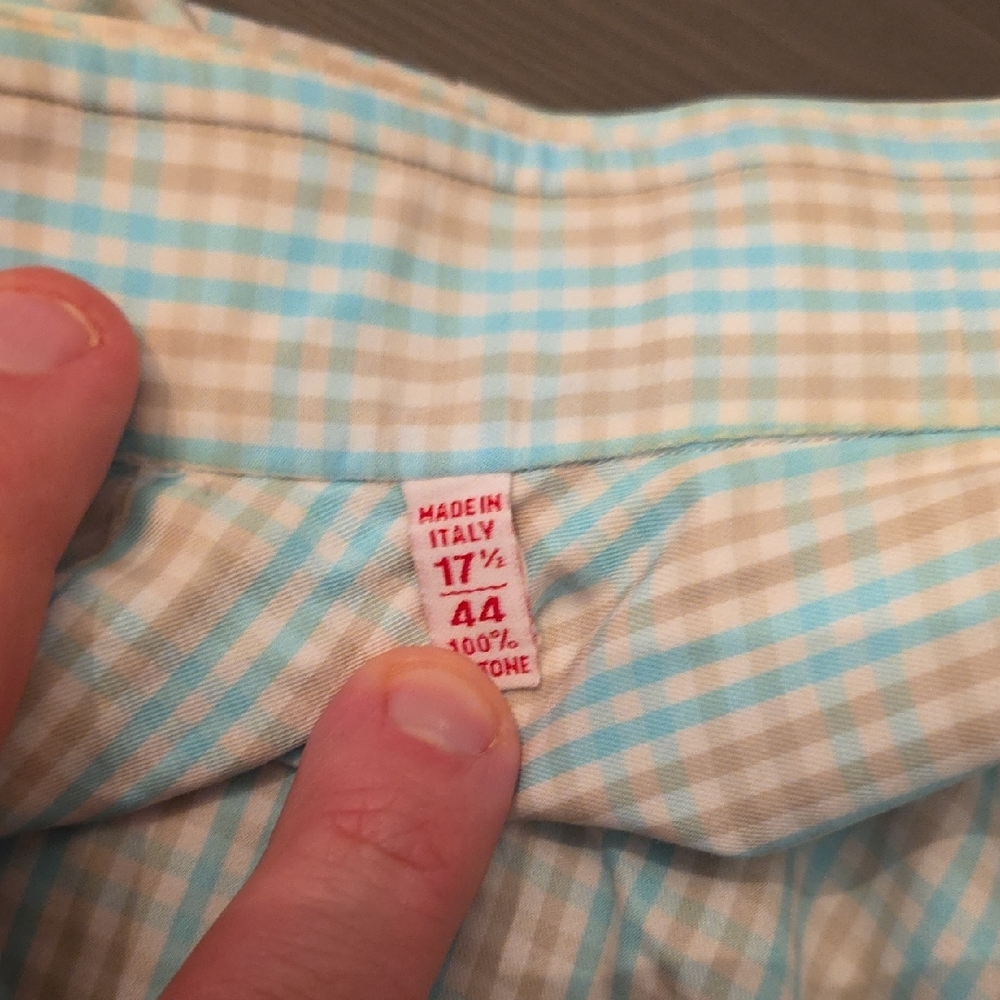 Isaia Men's Aqua and Beige Plaid Shirt - Picture 3 of 7
